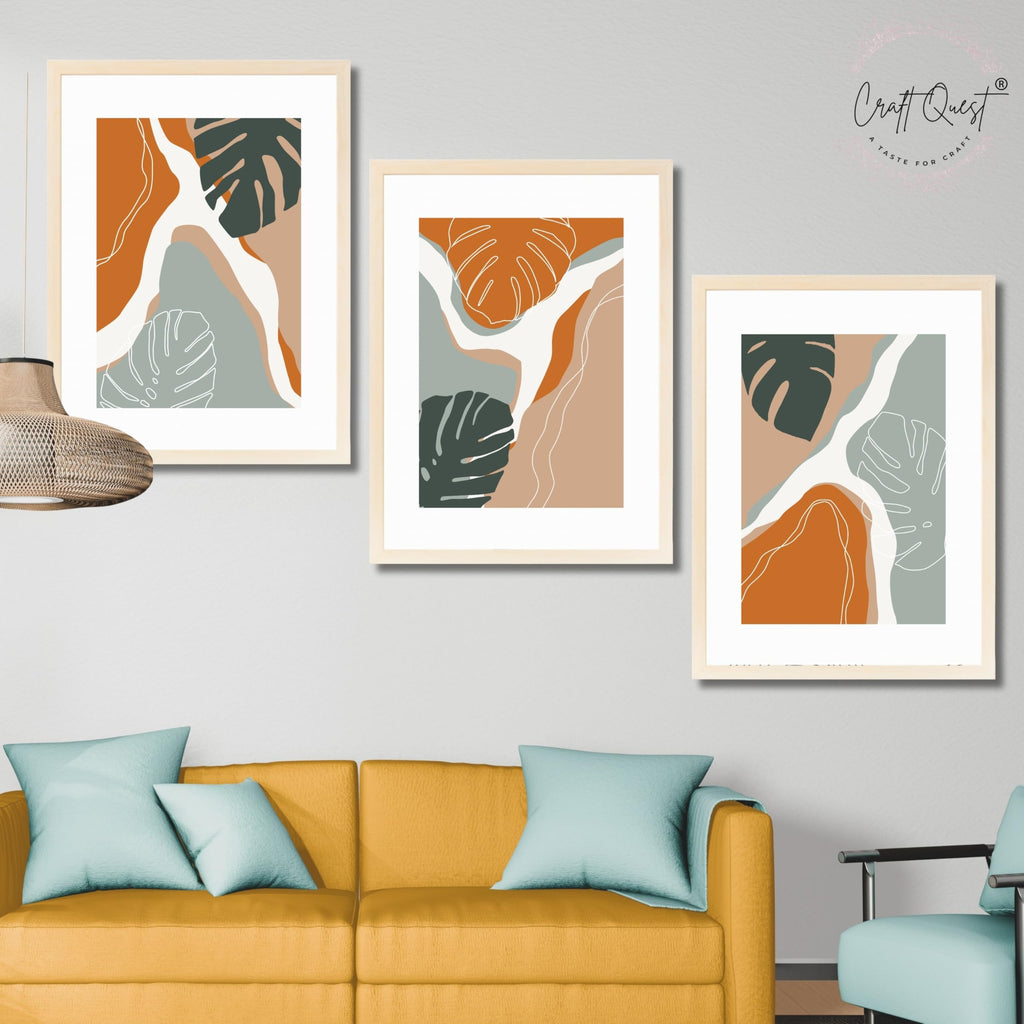 CRAFT QUEST SET OF 3 Organic Modern Leaf Wall Art | Set of 3 Frames for Home Decoration | Ideal for Living Room, Bedroom & Offices
