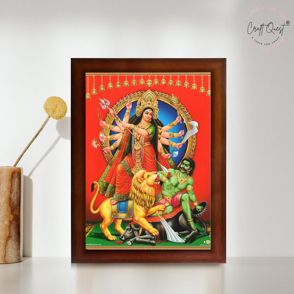 CRAFT QUEST Durga mata Mahishasura Mardini | Mahisasur Mardhini Durga Wall Painting Framed, Religious Photo Frame With Acrylic Glass