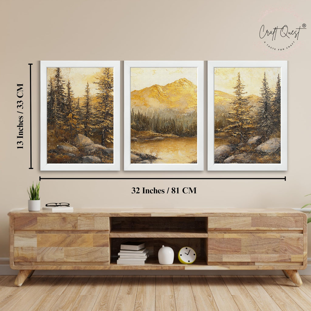 CRAFT QUEST Nature Inspired Painting Of Mountain With Trees Wall Art | Set of 3 Frames for Home Decoration | Ideal for Living Room, Bedroom & Office