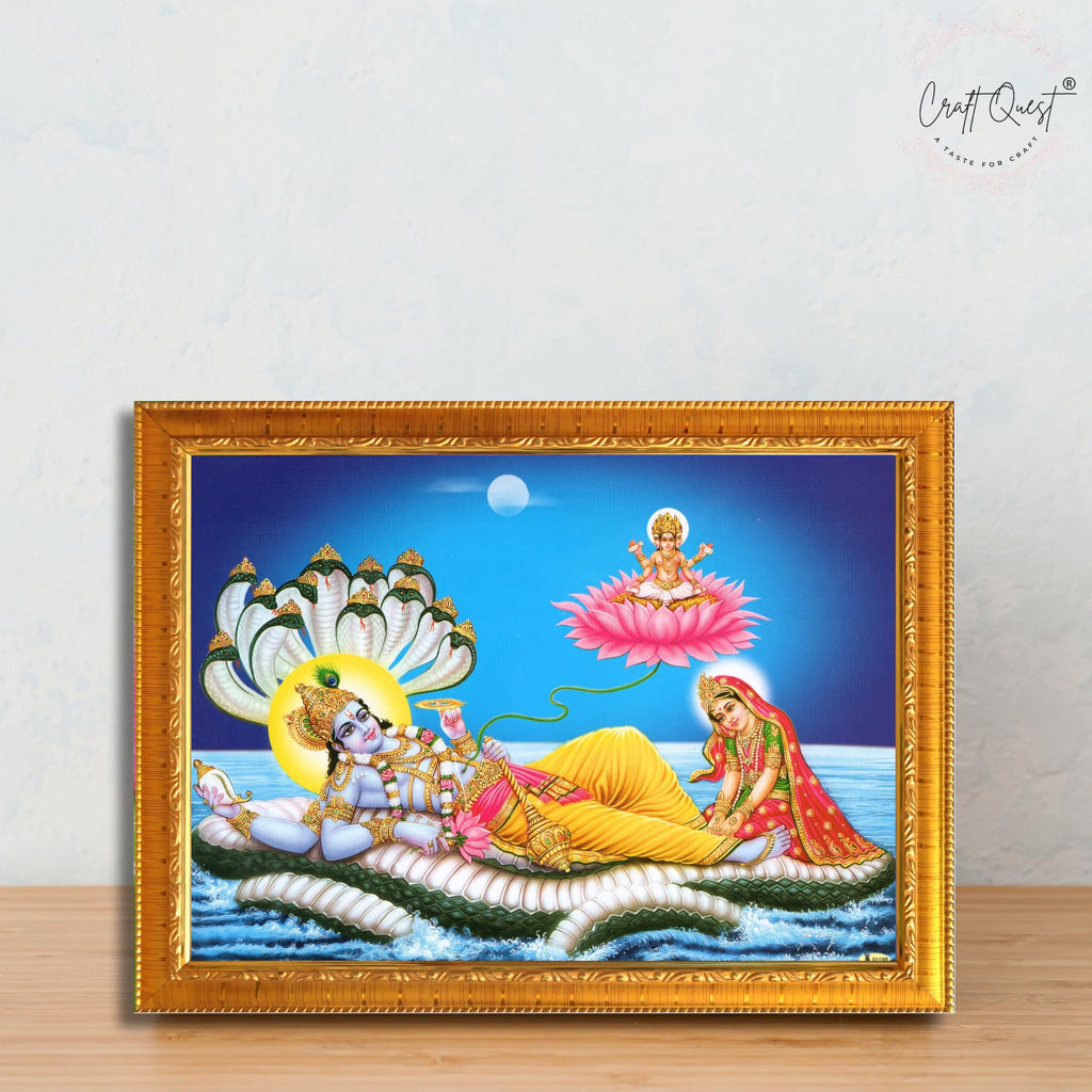 CRAFT QUEST Lord Vishnu and Goddess Lakshmi Giving Blessing on Shesh naag, landscape Glitter Painting with Golden Synthetic Frame