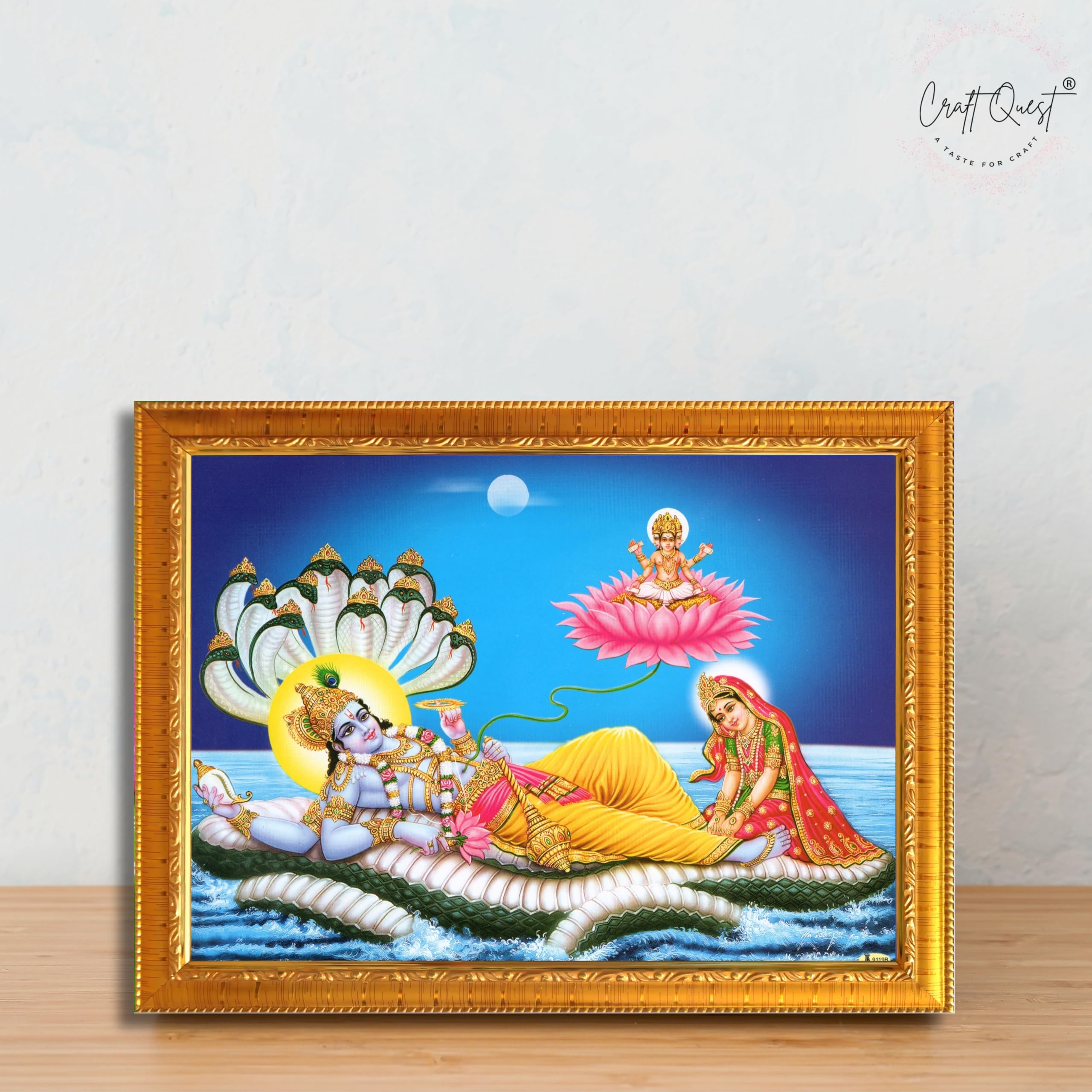CRAFT QUEST Lord Vishnu and Goddess Lakshmi Giving Blessing on Shesh naag, landscape Glitter Painting with Golden Synthetic Frame