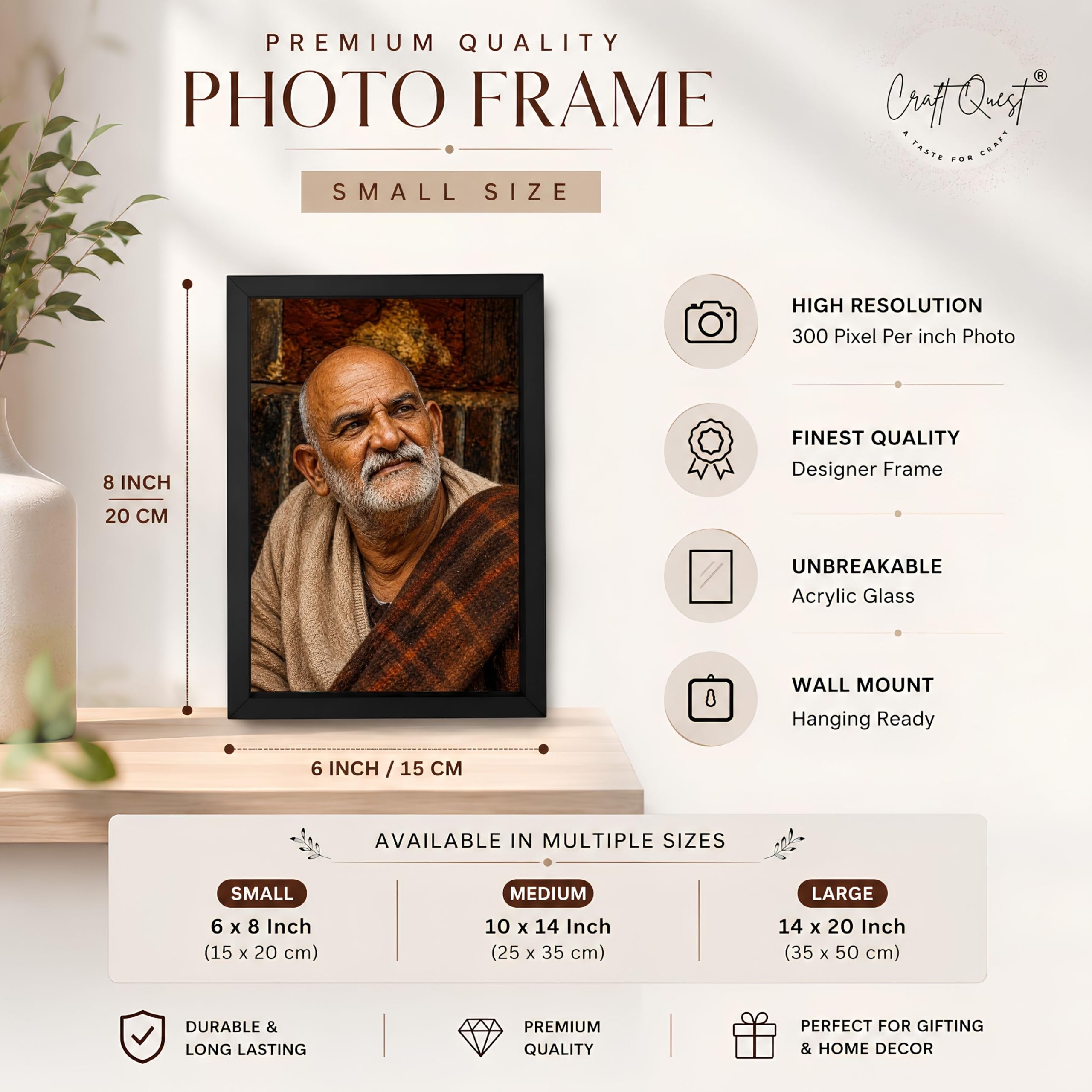 CRAFT QUEST Neem Karoli Baba Maharaj Ji Smiling Portrait Photo Frame for Wall | Spiritual Guru Religious Wall Art | Devotional Photo for Home, Mandir, Puja Room & Gifting