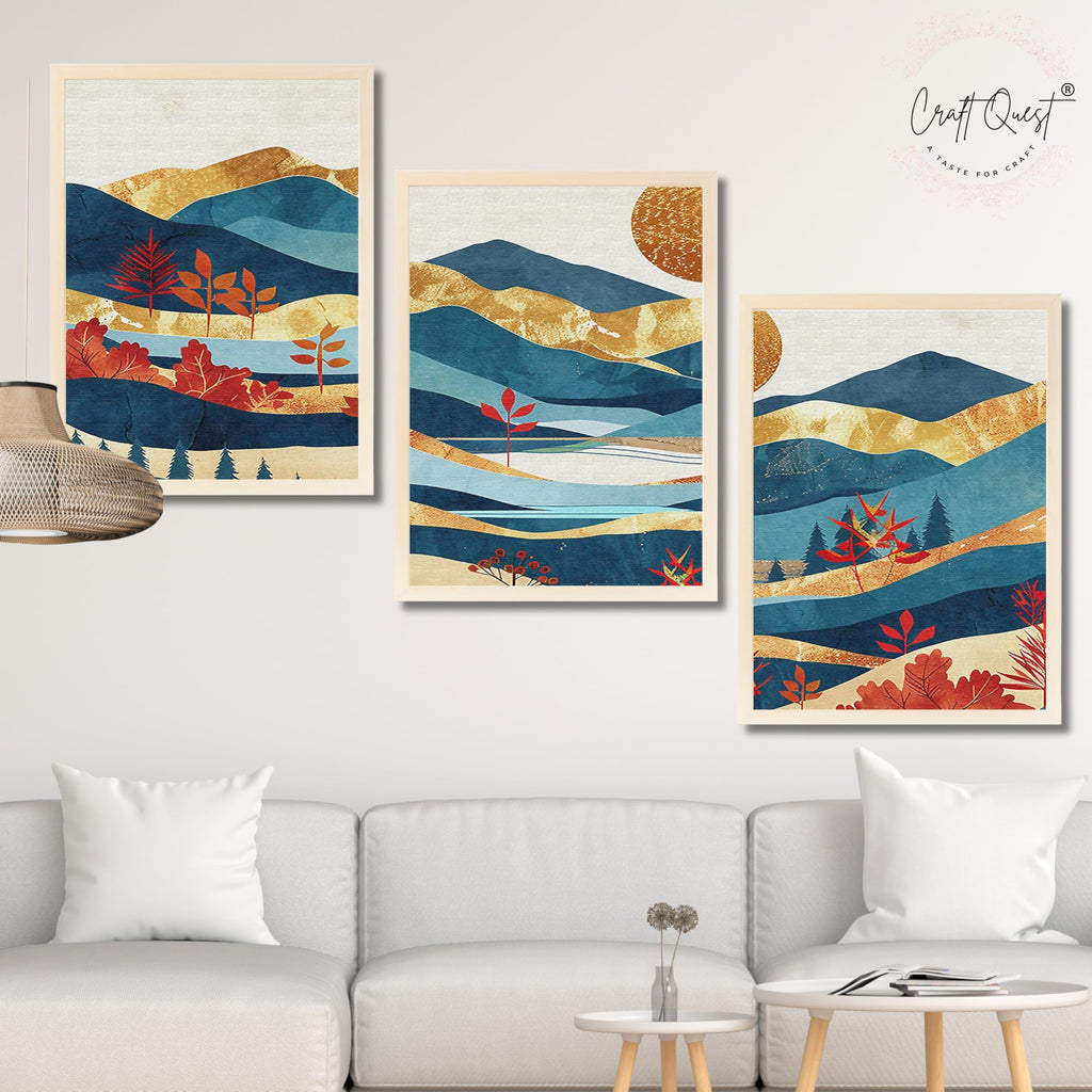 CRAFT QUEST Modern Art Pictures With Mountains & Trees Wall Art | Set of 3 Frames for Home Decoration | Ideal for Living Room, Bedroom & Offices