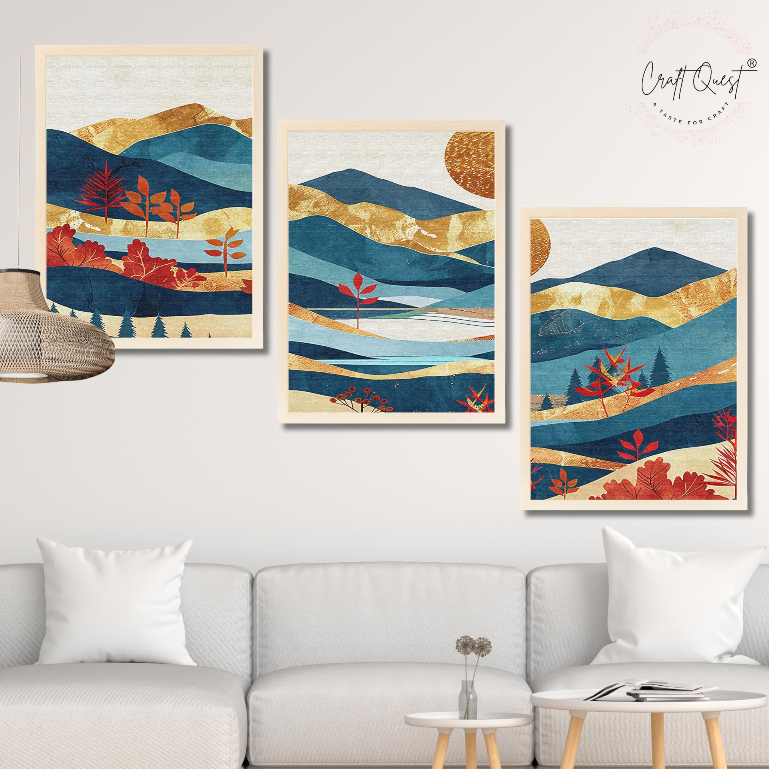 CRAFT QUEST Modern Art Pictures With Mountains & Trees Wall Art | Set of 3 Frames for Home Decoration | Ideal for Living Room, Bedroom & Offices