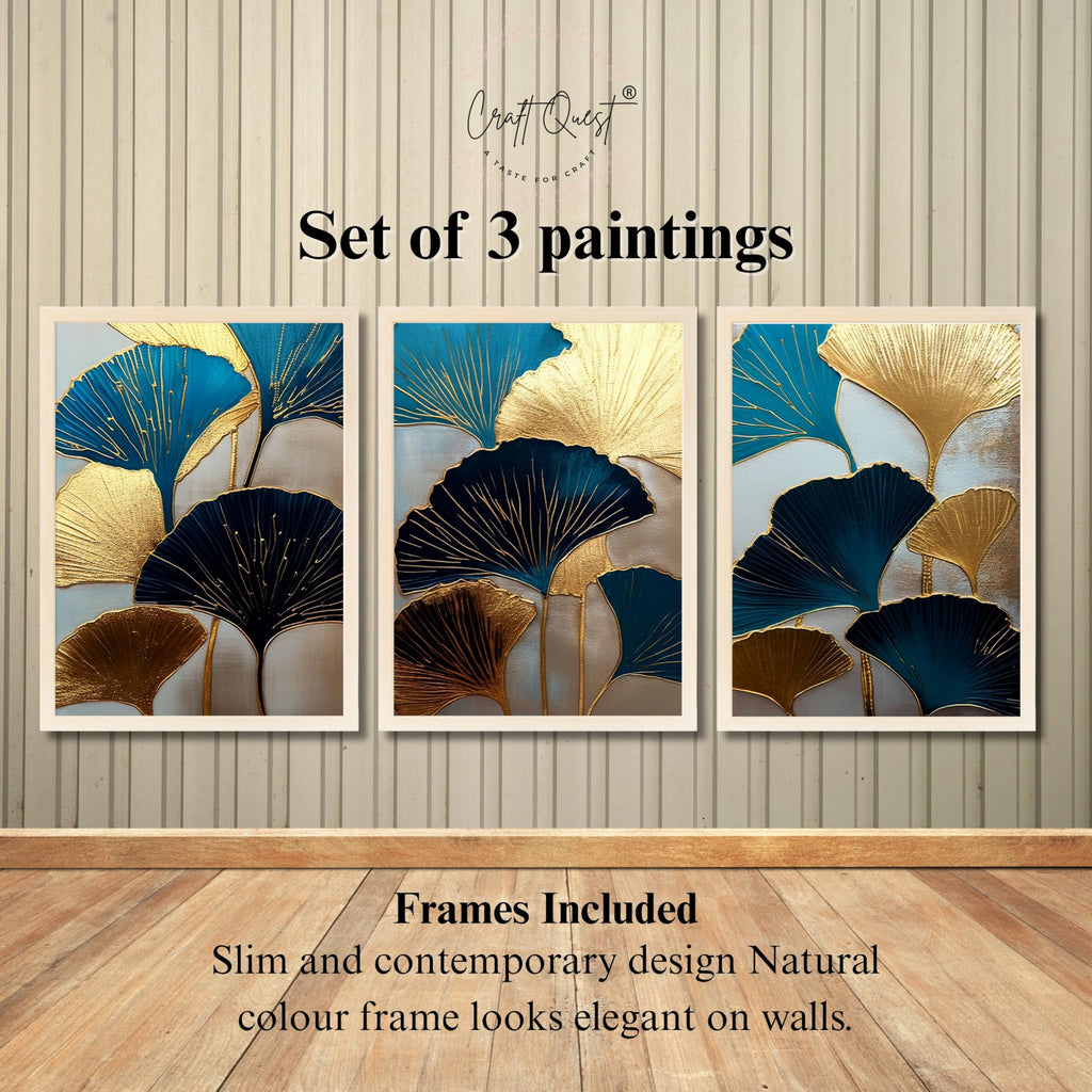 CRAFT QUEST Modern Art Abstract Aureate Geometry Wall Art | Set of 3 Frames for Home Decoration | Ideal for Living Room, Bedroom & Offices
