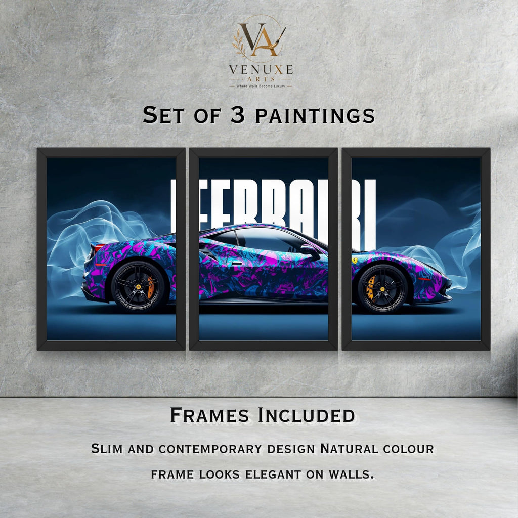 VENUXE ARTS Set Of 3 Big Sports Cars Framed Posters Gift Items for Boys Room Wall Decoration Bedroom Living Room Office Studio Décor | Car Poster Frame for Wall Décor