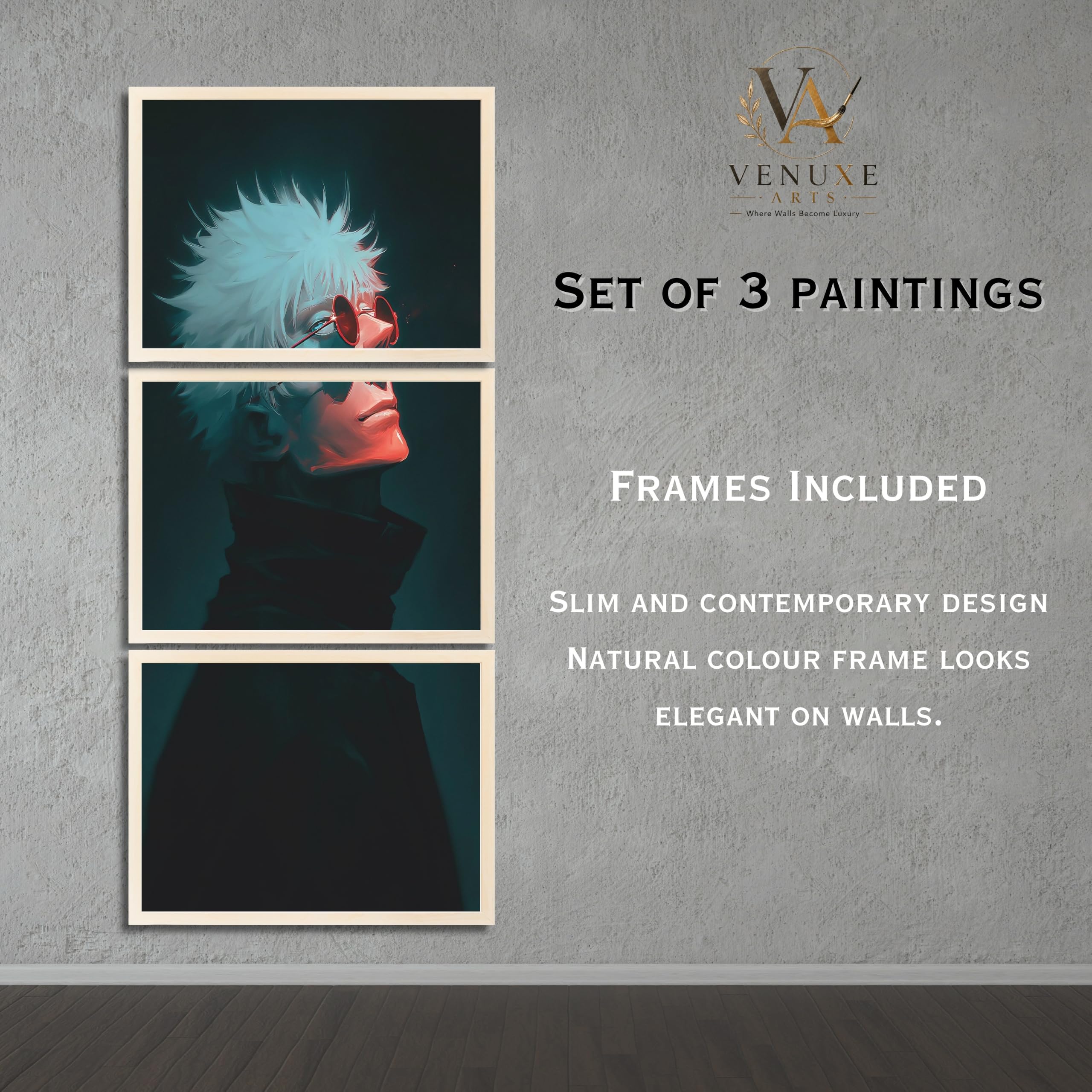 VENUXE ARTS Set Of 3 Anime Characters Wall Framed |Anime Characters Framed Poster for Living Room Bedroom Gaming Room Studio Wall Decor