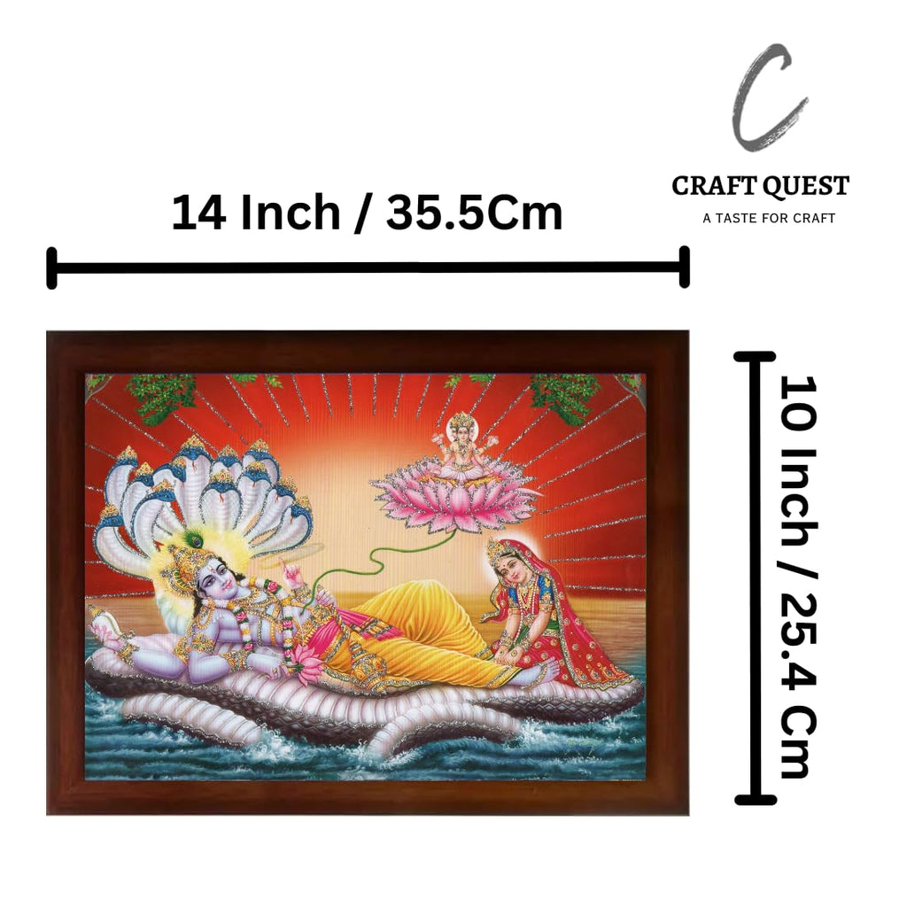 Craft Quest Lord Vishnu and Goddess Lakshmi Giving Blessing on Shesh naag, landscape, Glitter Work Painting with Plane Brown Frame (10 X 14 Inches, Brown Synthetic)