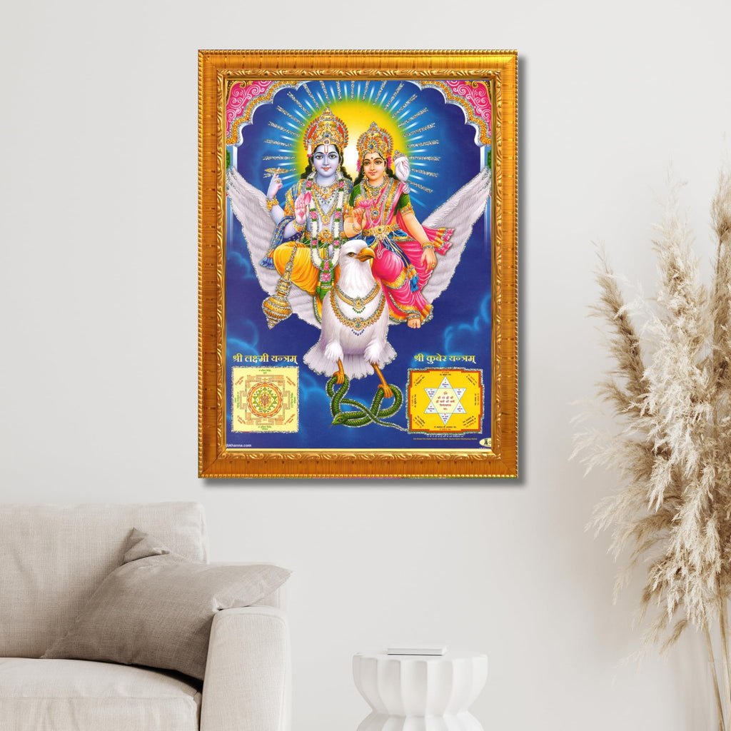 CRAFT QUEST Lord Vishnu and Goddess Lakshmi Giving Blessing on Garud, Glitter Work Painting