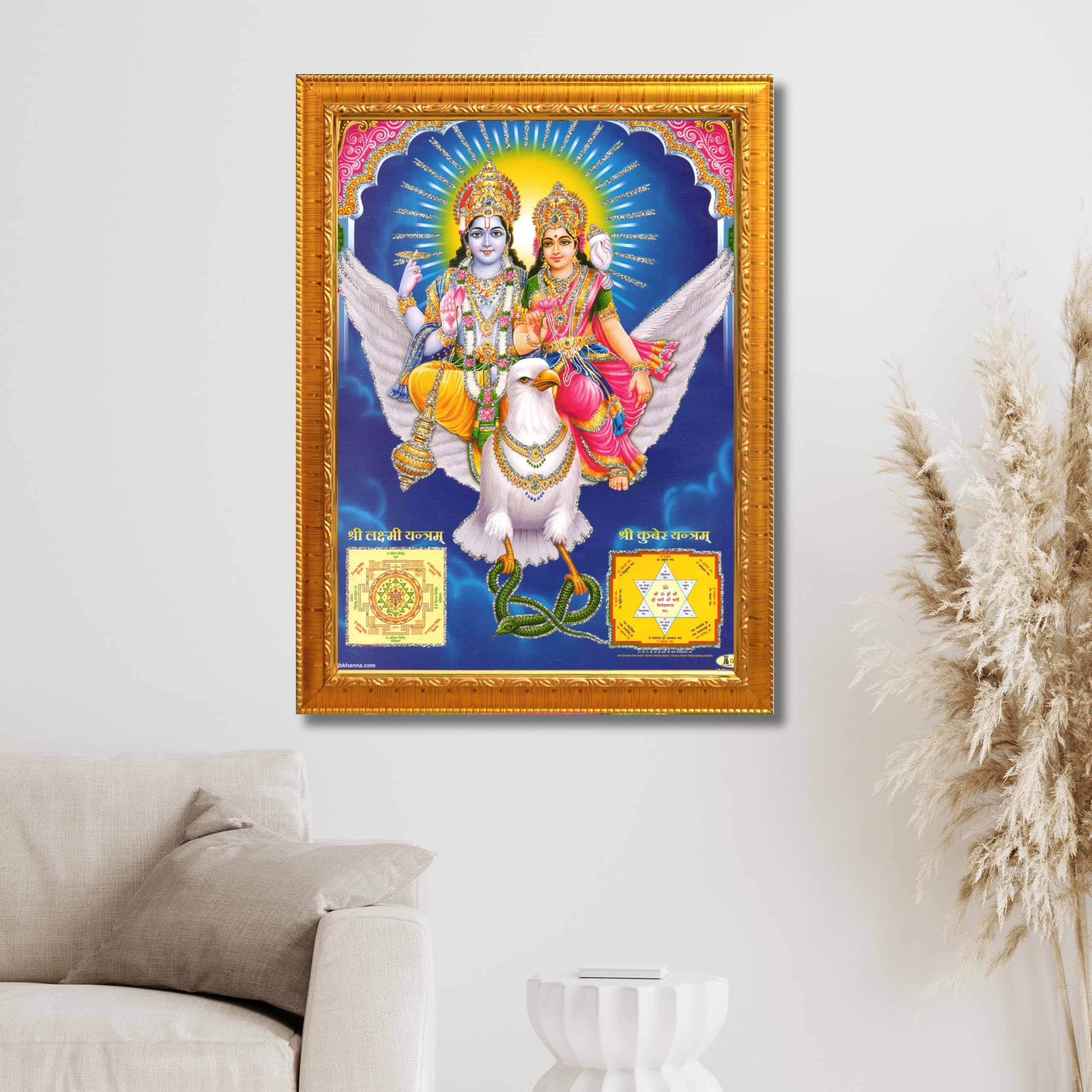 CRAFT QUEST Lord Vishnu and Goddess Lakshmi Giving Blessing on Garud, Glitter Work Painting