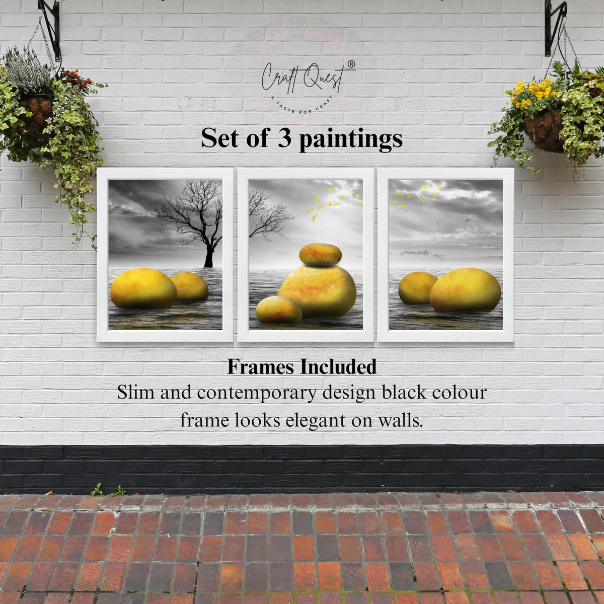 CRAFT QUEST Modern Abstract Golden Stone Art | Set of 3 Frames for Home Decoration | Ideal for Living Room, Bedroom & Offices