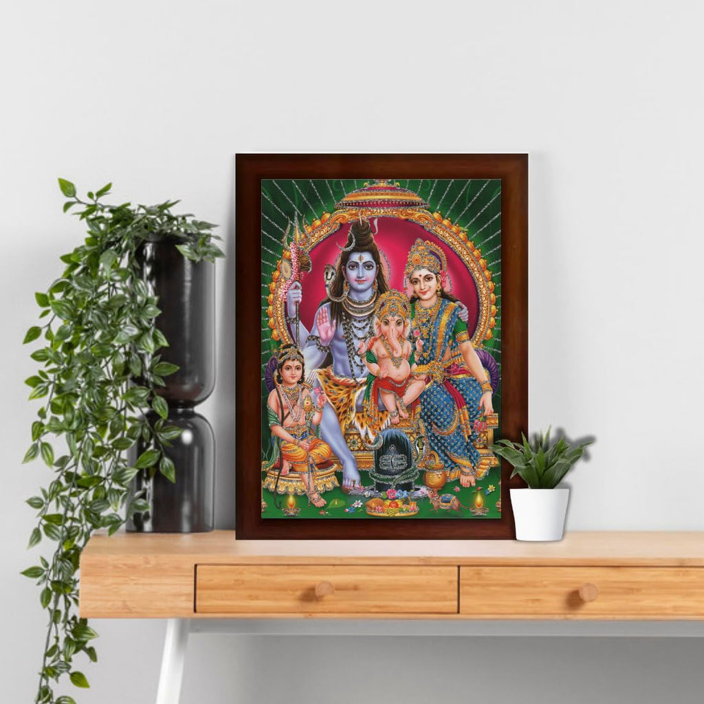 Craft Quest Shiv Parivar (Shiv Shankar, Maa Parvati, Ganesh and Kartikey) Religious Synthetic Photo Frame Sparkle Coated for Pooja (10 X 14 inch, Brown)