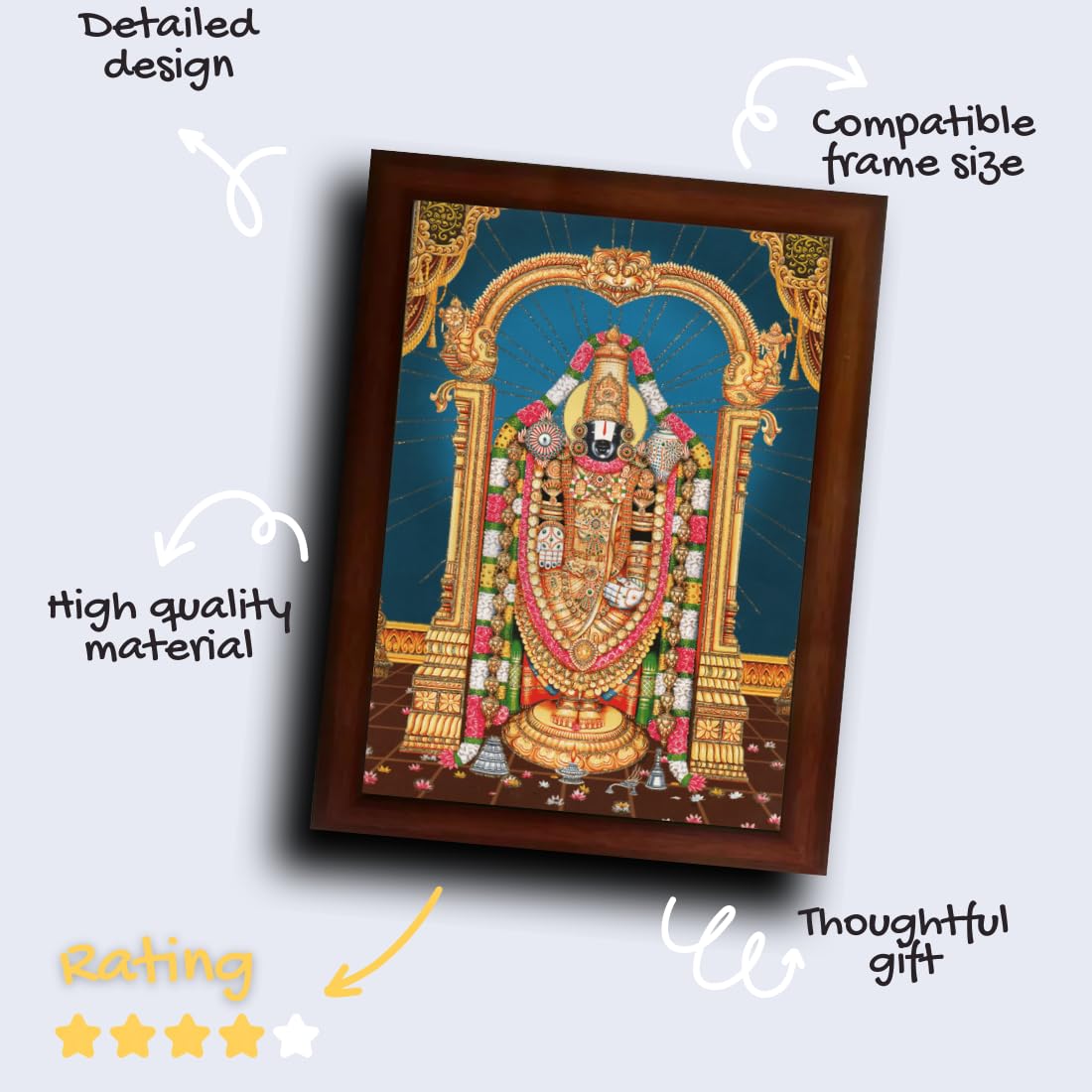 CRAFT QUEST Tirupati Balaji Lord Venkateshwara Swamy Wall Painting Framed Home Decor (Wood, Matte, Brown, Big Size,10 X 14 Inches)