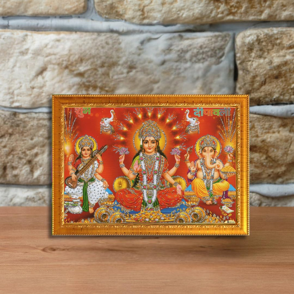 CRAFT QUEST Lakshmi Devi with ganesh ji and saraswati mata Wall Painting Photo Frame Home Decor (Synthetic, Sparkle Finish, Golden, Small Size, 8 X 6 Inch)