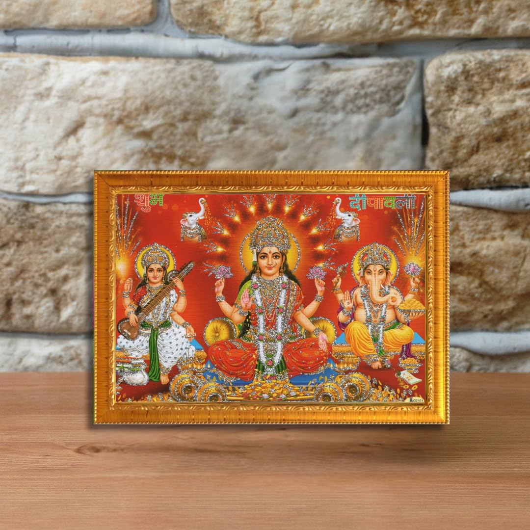 CRAFT QUEST Lakshmi Devi with ganesh ji and saraswati mata Wall Painting Photo Frame Home Decor (Synthetic, Sparkle Finish, Golden, Small Size, 8 X 6 Inch)