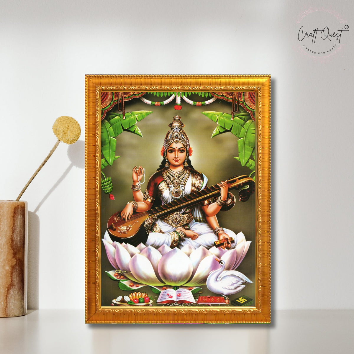 CRAFT QUEST Saraswati Devi Goddess Saraswathi Maa Photo Frame | Religious Photo Frame | Ideal for Home, Office, Temple & Puja Room, Wall Decor