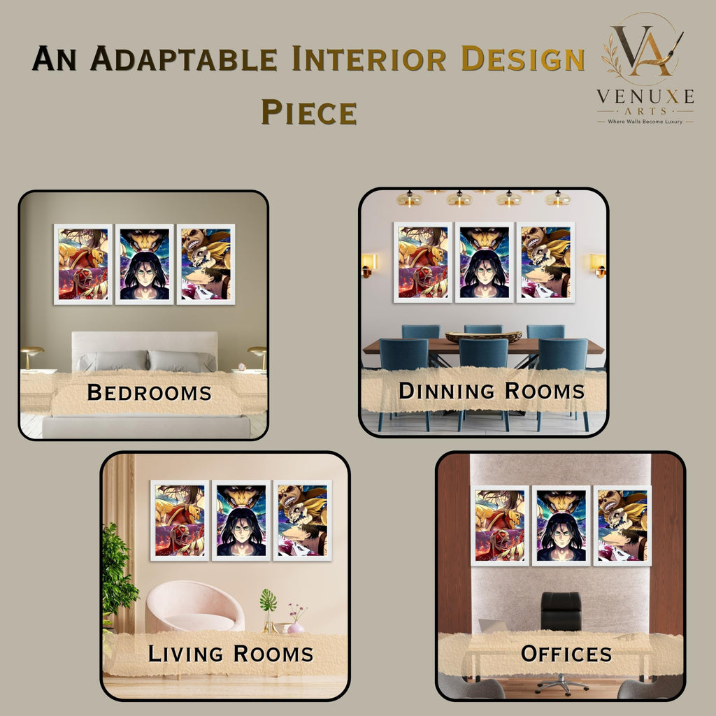 VENUXE ARTS Set Of 3 Anime Characters Wall Framed |Anime Characters Framed Poster for Living Room Bedroom Gaming Room Studio Wall Decor