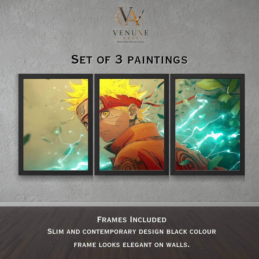 VENUXE ARTS Set Of 3 Anime Characters Wall Framed |Anime Characters Framed Poster for Living Room Bedroom Gaming Room Studio Wall Decor