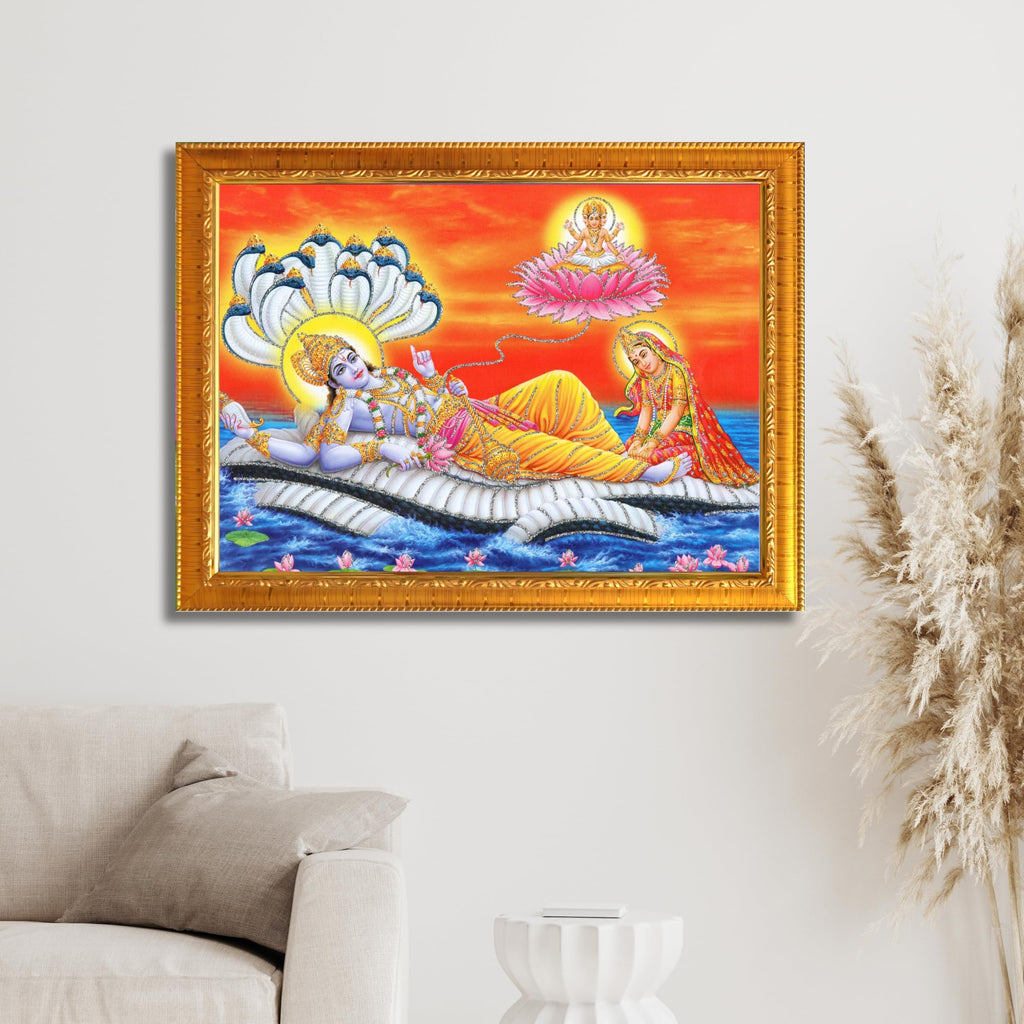 CRAFT QUEST Lord Vishnu and Goddess Lakshmi Giving Blessing on Shesh naag, landscape Glitter Work Painting Synthetic Wood Frame