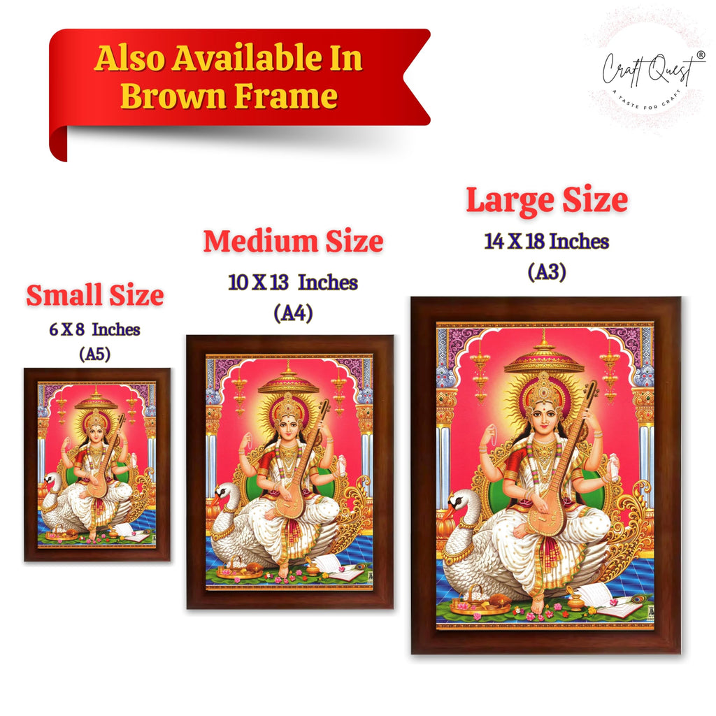 CRAFT QUEST Saraswati Devi Goddess Saraswathi Maa Wall Painting Sparkle Coated Framed Home Décor Synthetic wooden Framed