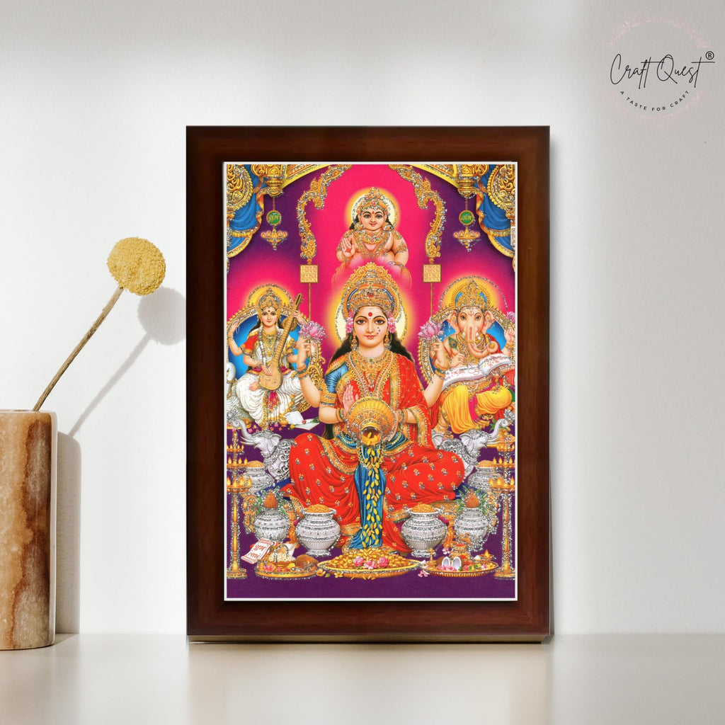 CRAFT QUEST Lakshmi Devi Ganesha Saraswati Hanging Wall Painting Framed Home and Pooja Decor God Hindu Devi Devta Photo Frame