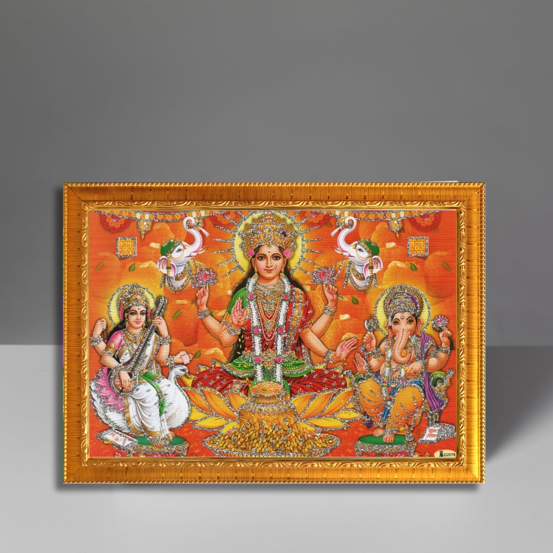 CRAFT QUEST Lakshmi Devi with ganesh ji and saraswati maa Wall Painting Frame Home Decor (Synthetic, Sparkle Finish, Large Size, Golden, 8 X 6 Inch)