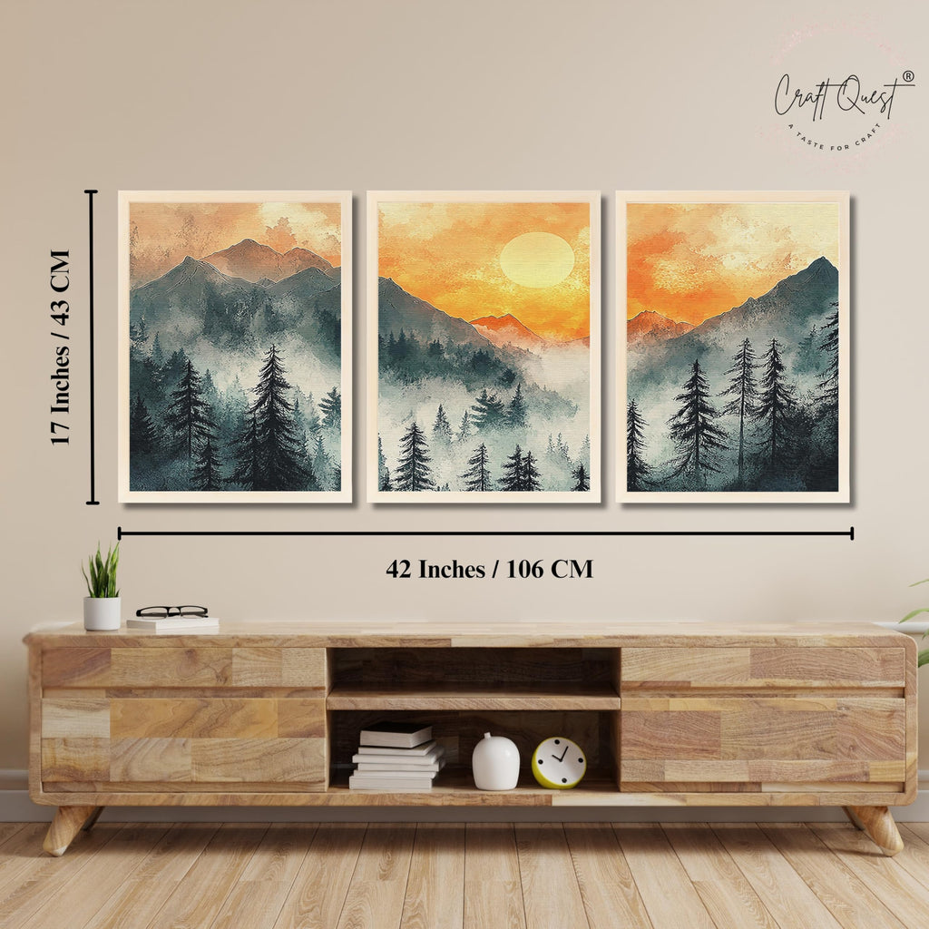 CRAFT QUEST Nature Inspired Paintings With Trees & Mountains Wall Art | Set of 3 Frames for Home Decoration | Ideal for Living Room, Bedroom & Office