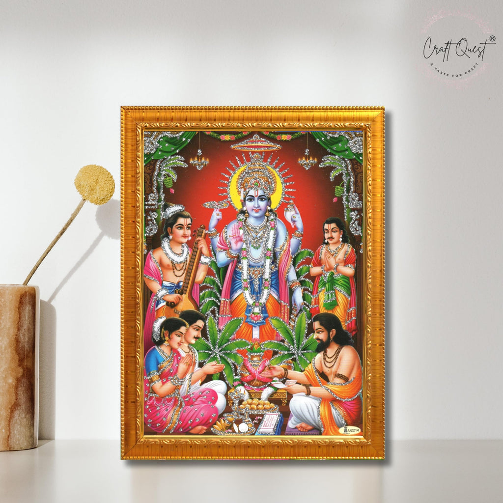 CRAFT QUEST Lord Satyanarayana Swamy | Bhagwan Satyanarayan Wall Painting Religious Wood Photo Frame with Acrylic glass