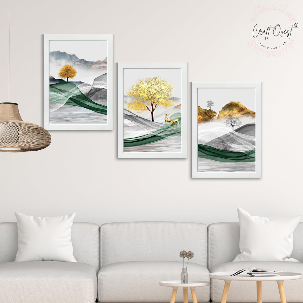 CRAFT QUEST Modern Art Landscapes Abstract Of Moose Golden Mural Wall Art | Set of 3 Frames for Home Decoration | Ideal for Living Room, Bedroom & Offices