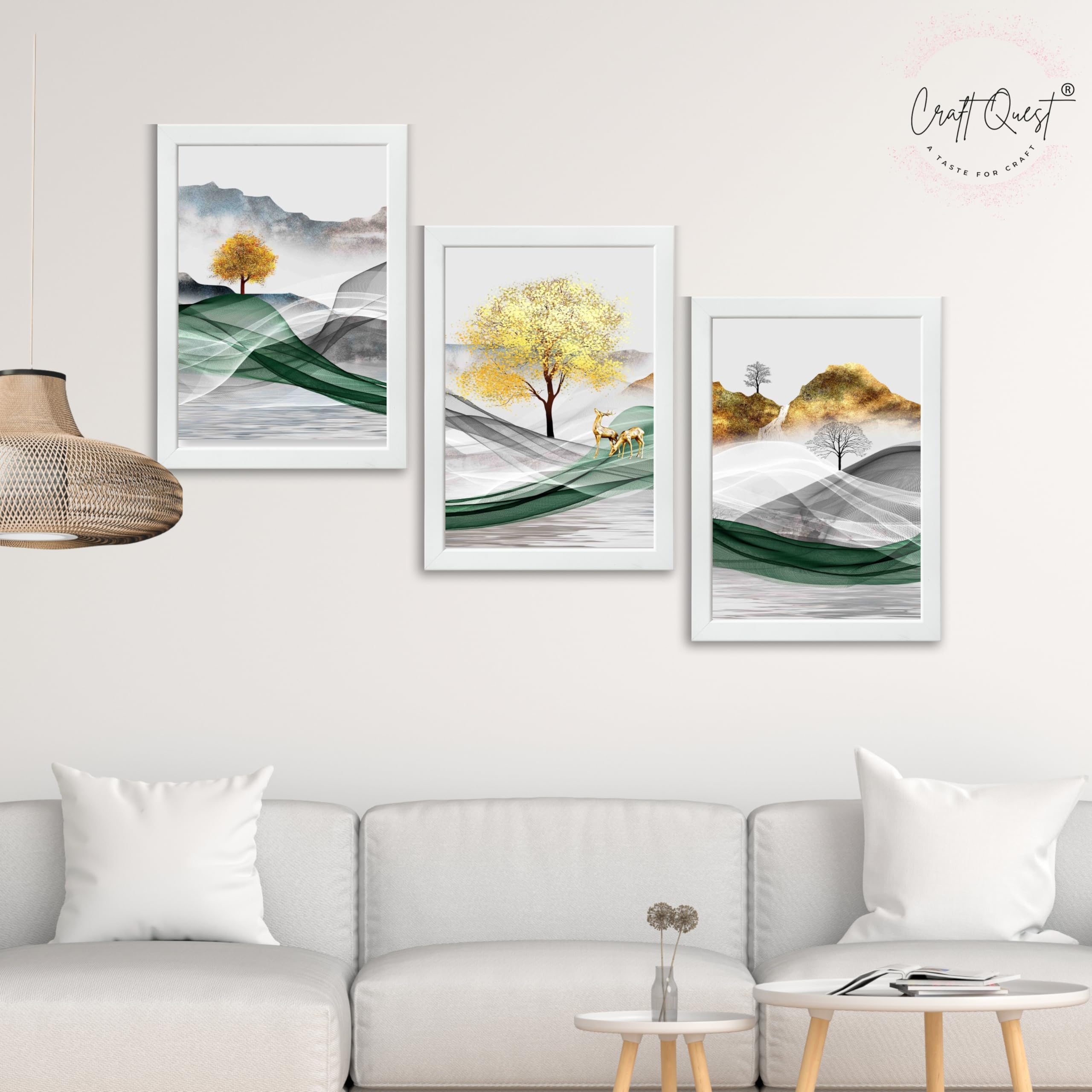 CRAFT QUEST Modern Art Landscapes Abstract Of Moose Golden Mural Wall Art | Set of 3 Frames for Home Decoration | Ideal for Living Room, Bedroom & Offices
