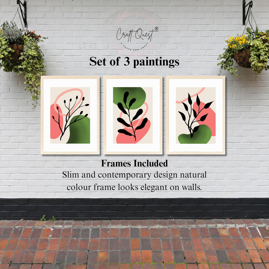 CRAFT QUEST Nature Inspired Abstract Shape & Leaf Wall Art | Set of 3 Frames for Home Decoration | Ideal for Living Room, Bedroom & Offices