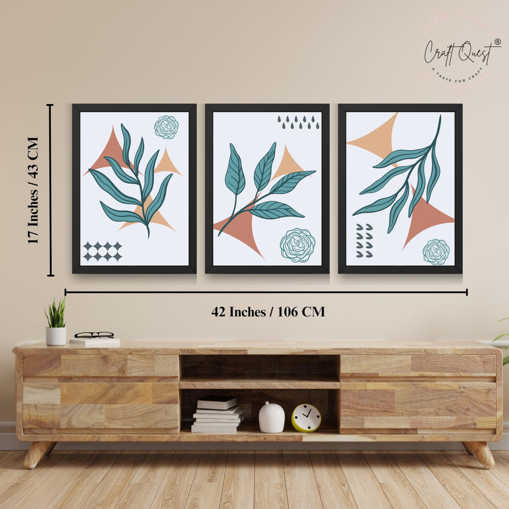 CRAFT QUEST Nature Inspired Botanical Wall Art Abstract Leaves Wall Art | Set of 3 Frames for Home Decoration | Ideal for Living Room, Bedroom & Office