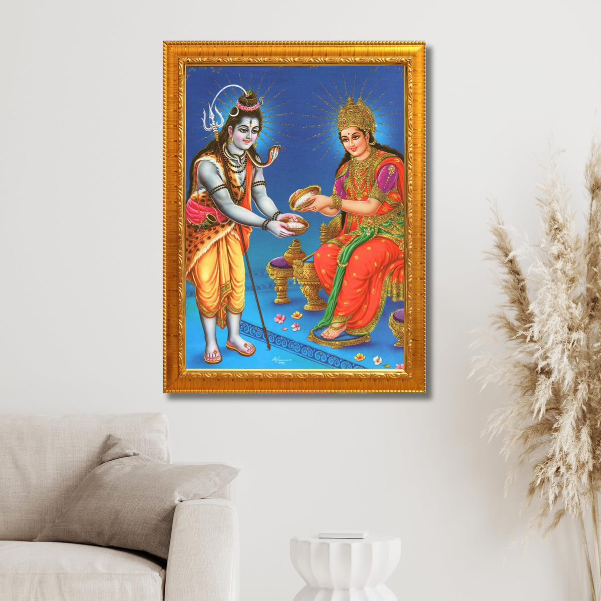 CRAFT QUEST Shiva & Maa Annapurna devi sitting on throne photo frame with Laminated Poster for Kitchen Worship
