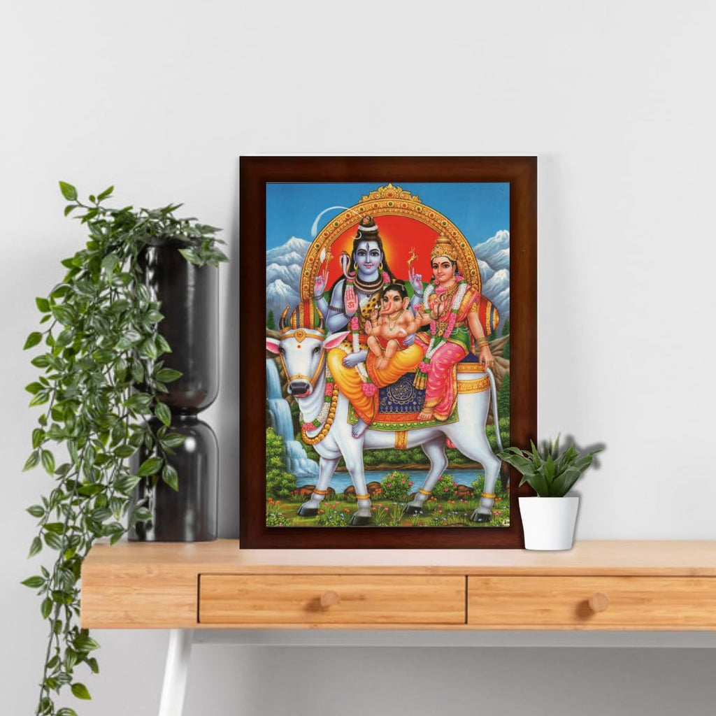 Craft Quest Shiv Parivar (Shiv Shankar, Maa Parvati, Ganesh and Kartikey) Religious Wood Photo Frame Sparkle Coated (Multicolour, 14 X 10 inch, Brown)