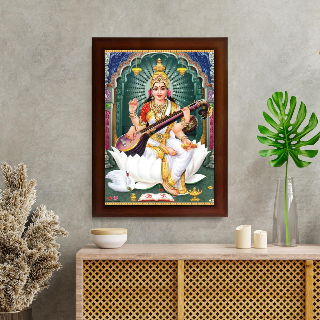 CRAFT QUEST Saraswati Devi Goddess Saraswathi Maa Wall Painting Sparkle Coated Framed Home Décor Synthetic wood