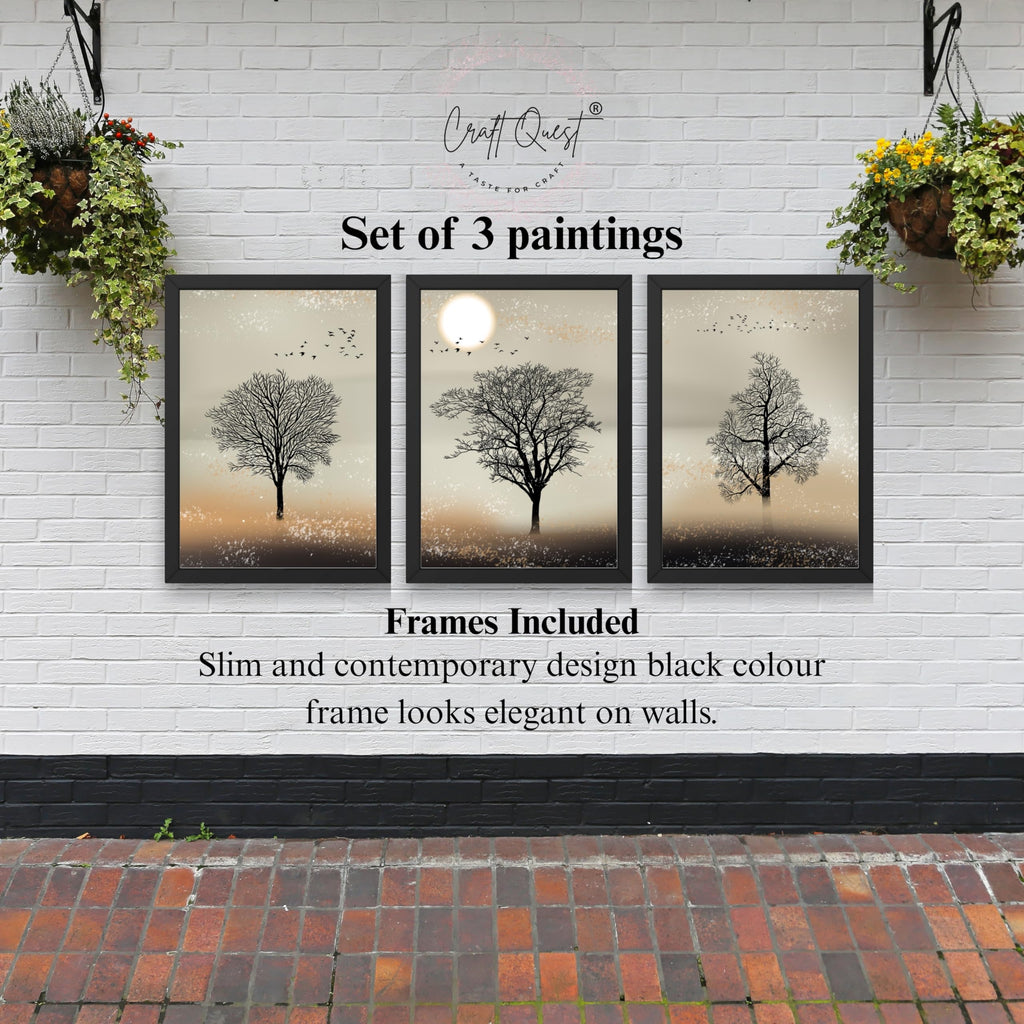 CRAFT QUEST Nature Inspired Landscape With Black Trees Modern Wall Art | Set of 3 Frames for Home Decoration | Ideal for Living Room, Bedroom & Office