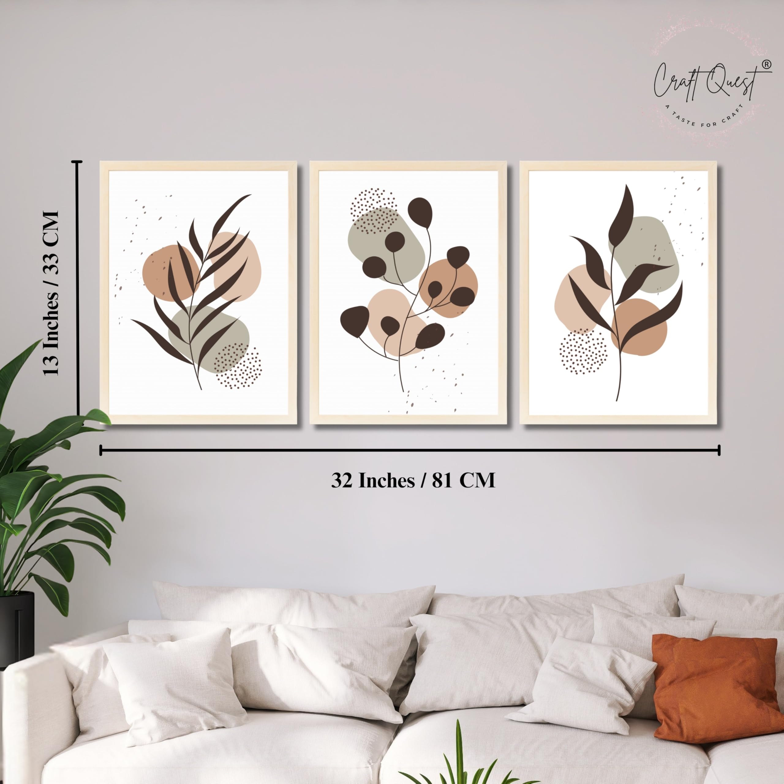 CRAFT QUEST Wall Art Decor Paintings | Set of 3 BOHO Wall Art Frames for Home Decoratio | Ideal for Living Room, Office & Bedroom