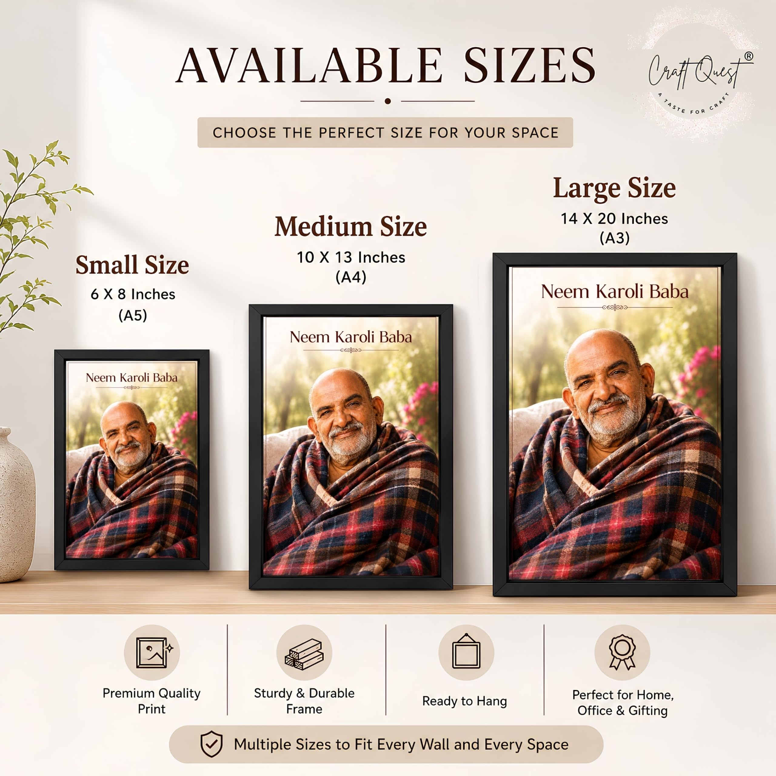 CRAFT QUEST Neem Karoli Baba Maharaj Ji Smiling Portrait Photo Frame for Wall | Spiritual Guru Religious Wall Art | Devotional Photo for Home, Mandir, Puja Room & Gifting