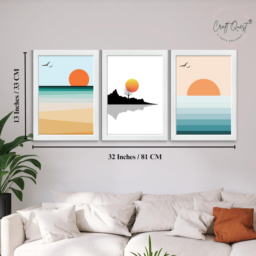 CRAFT QUEST Nature Inspired Abstract Of Sunset Wall Art | Set of 3 Frames for Home Decoration | Ideal for Living Room, Bedroom & Offices