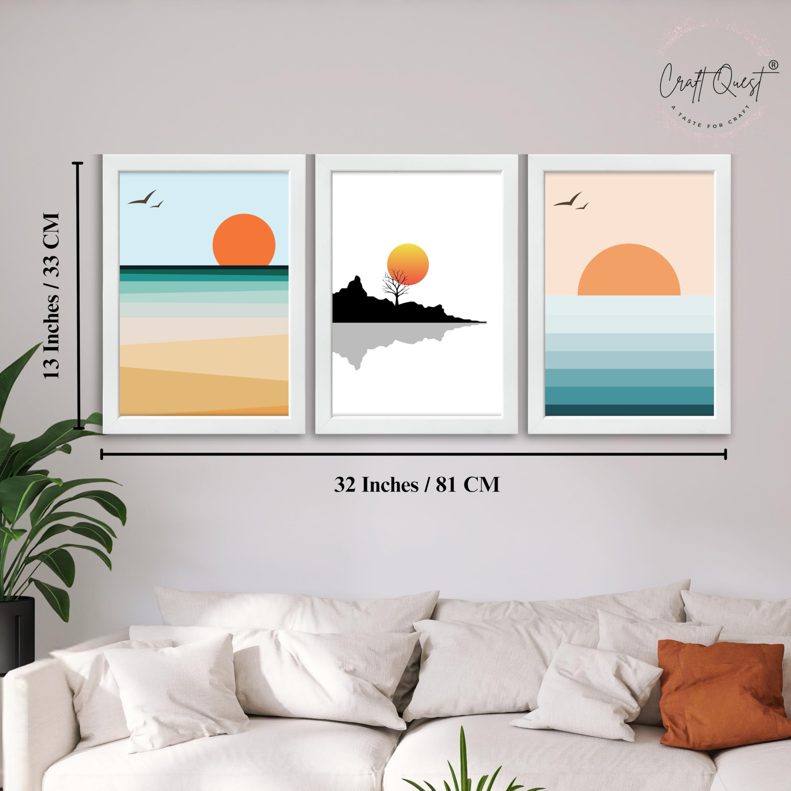 CRAFT QUEST Nature Inspired Abstract Of Sunset Wall Art | Set of 3 Frames for Home Decoration | Ideal for Living Room, Bedroom & Offices