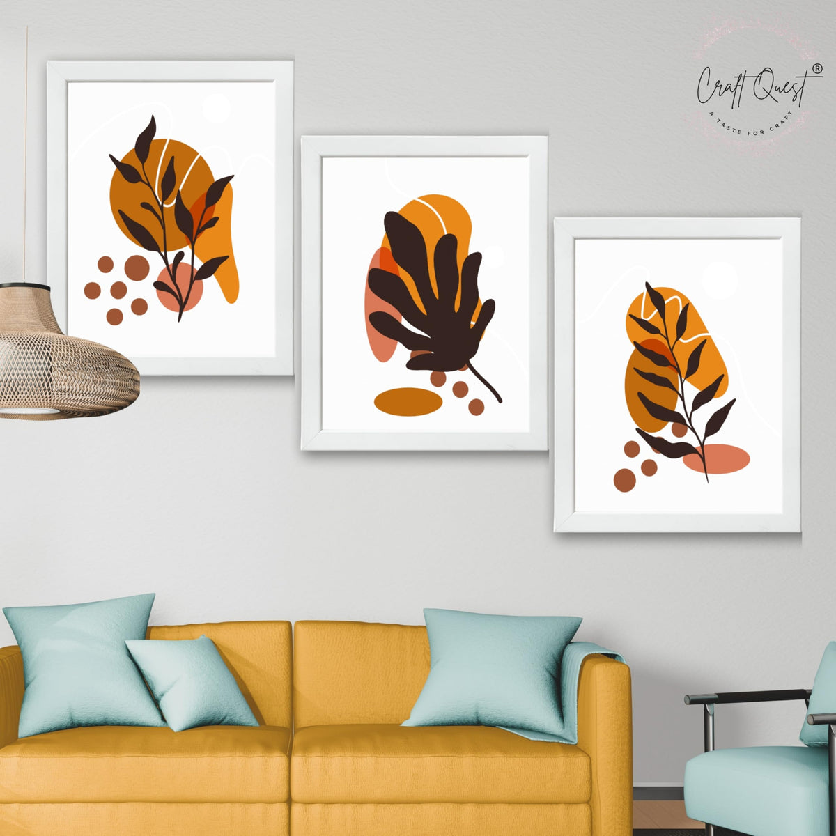 CRAFT QUEST Wall Art Decor Paintings | Set of 3 BOHO Wall Art Frames for Home Decoration | Ideal for Living Room, Bedroom & Office