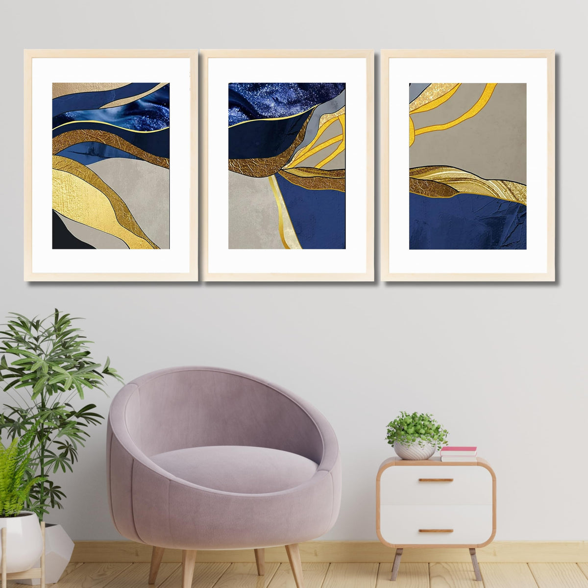 CRAFT QUEST Abstract Blue & Gold Artwork | Set of 3 Frames for Home Decoration | Ideal for Living Room, Bedroom & Offices
