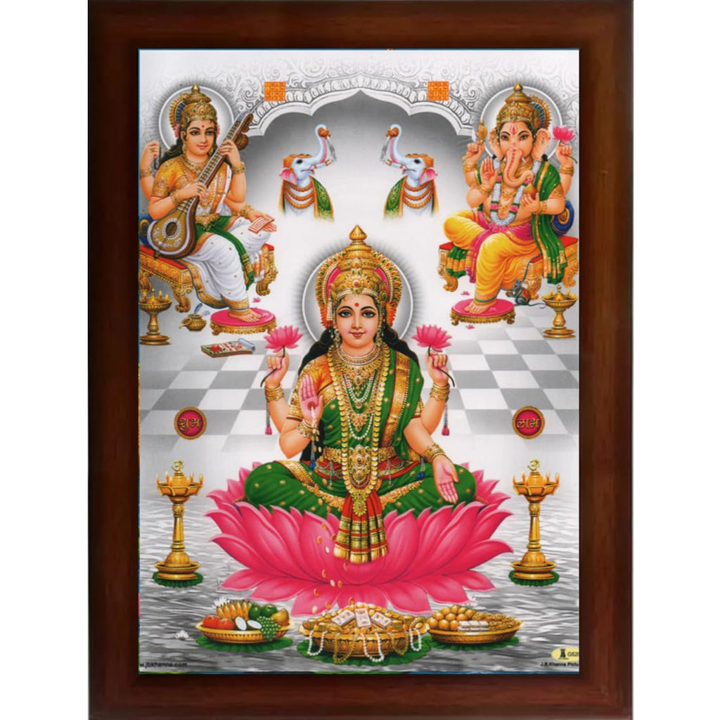 CRAFT QUEST Goddess Lakshmi Devi with ganesh ji and saraswati maa Wall Painting Frame Home Decor