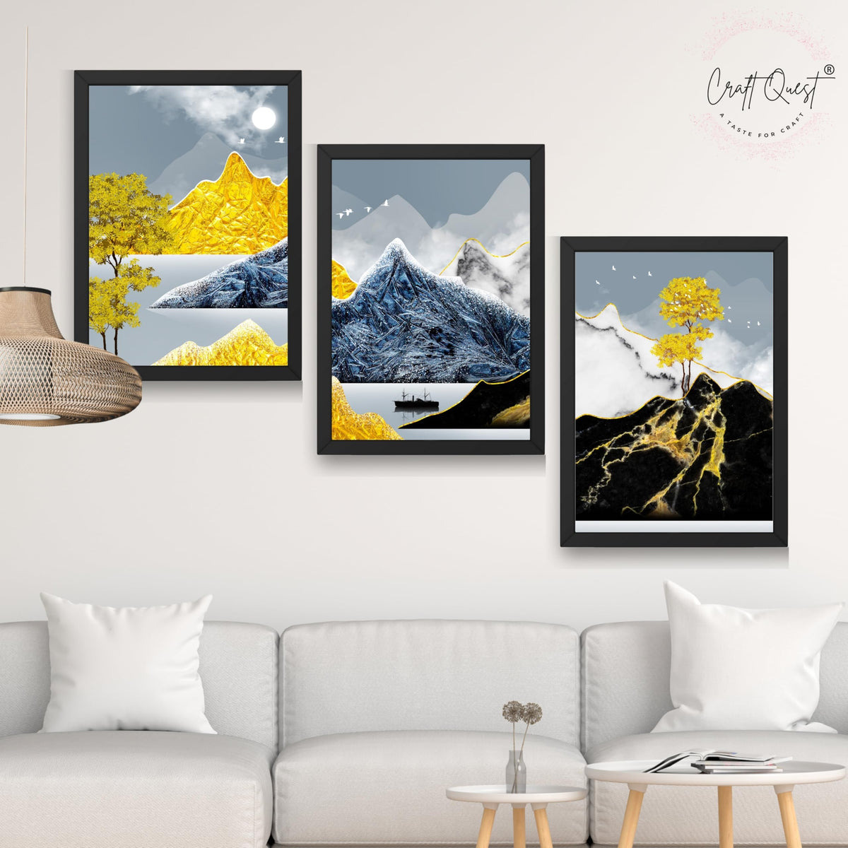 CRAFT QUEST Modern Art Abstract Ink Landscape Wall Art | Set of 3 Frames for Home Decoration | Ideal for Living Room, Bedroom & Offices