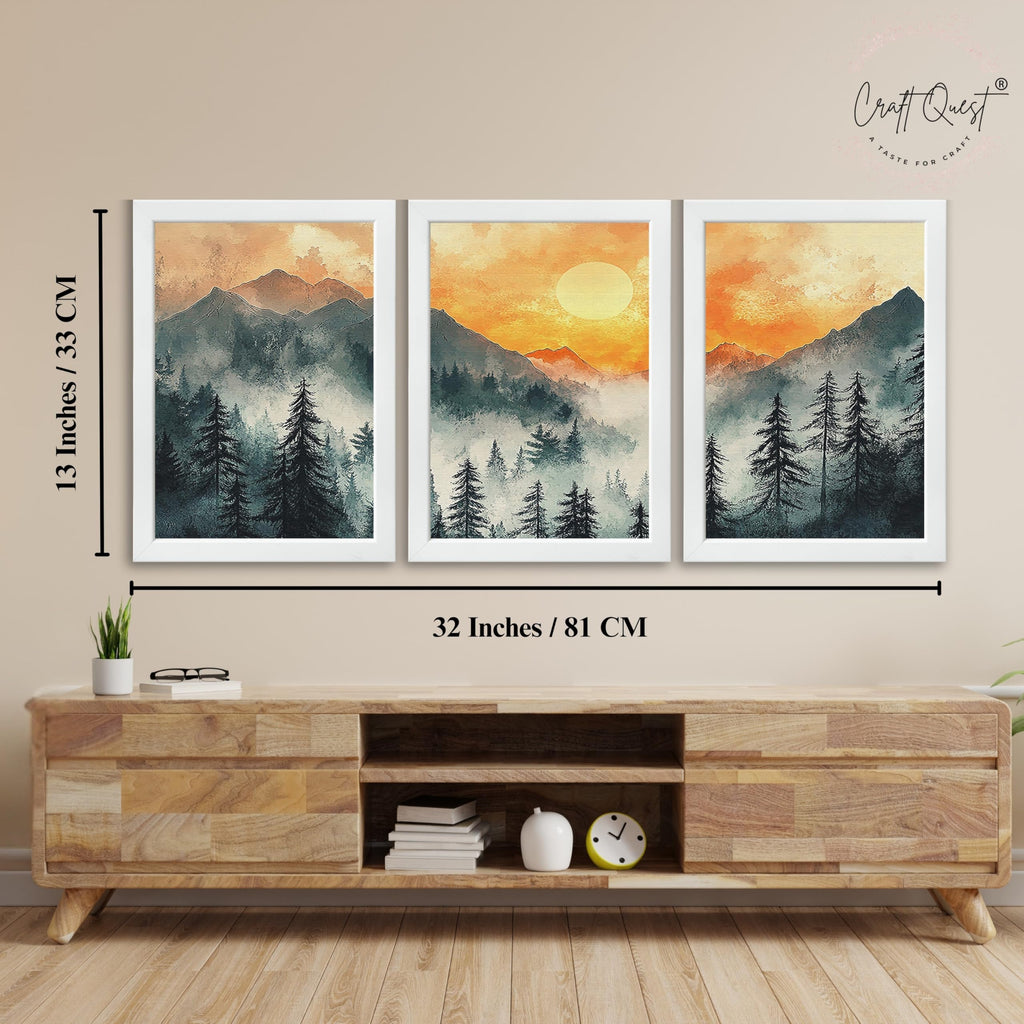 CRAFT QUEST Nature Inspired Paintings With Trees & Mountains Wall Art | Set of 3 Frames for Home Decoration | Ideal for Living Room, Bedroom & Office