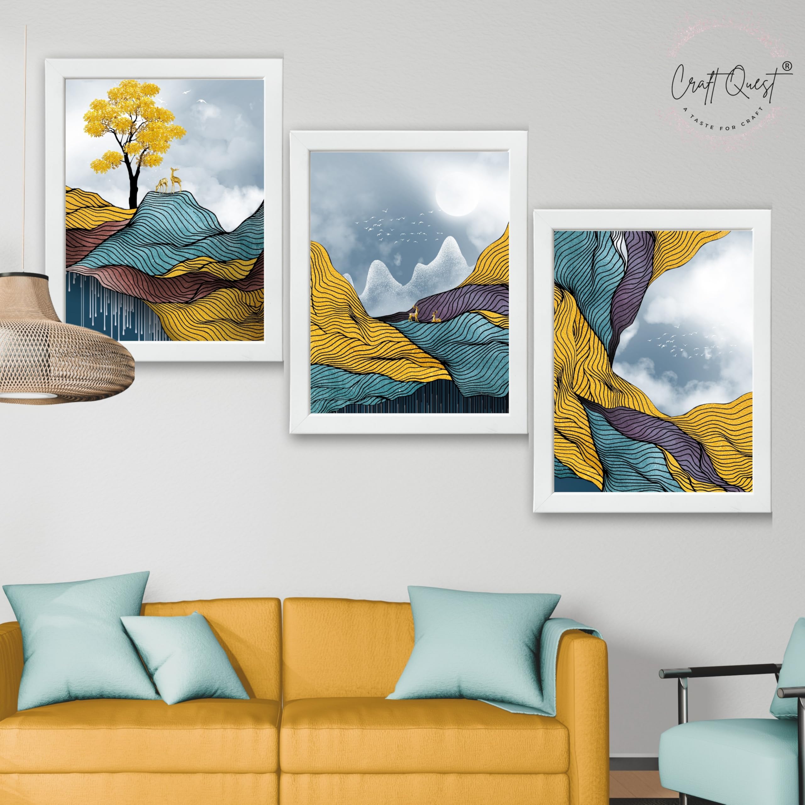 CRAFT QUEST Modern Abstract Landscape Art | Set of 3 Frames for Home Decoration | Ideal for Living Room, Bedroom & Offices