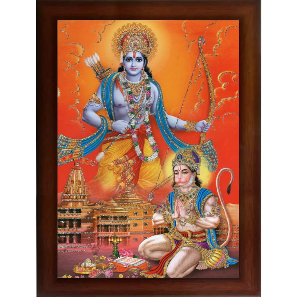CRAFT QUEST Ayodhya Ram Mandir Photo Frame With Hanuman jii For Wall Decoration Gift Item Painting/Shree Ram Darbar Photo Frame (Large, 14 inch X 10 inch, Brown, Religious)