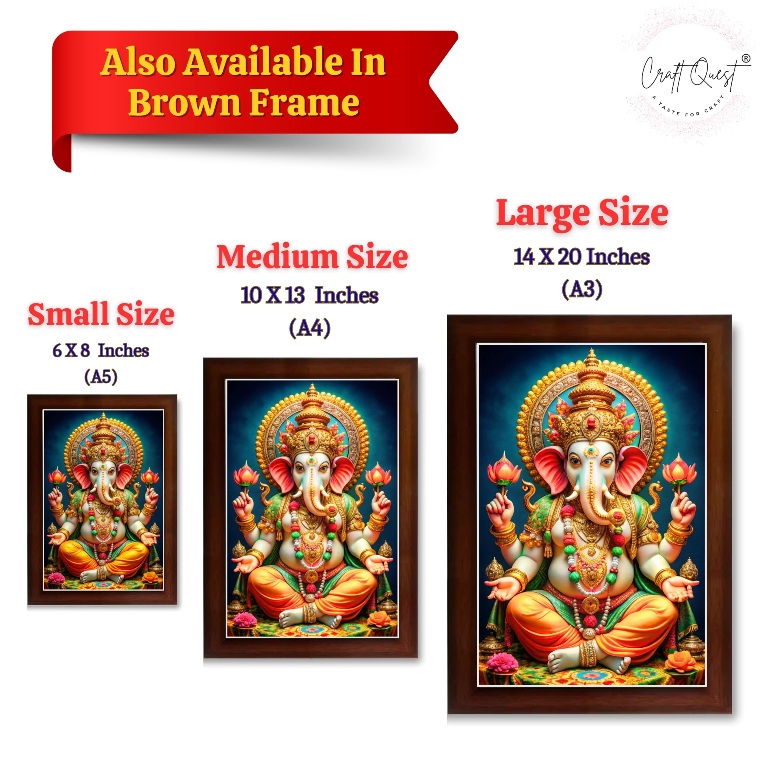 CRAFT QUEST Lord Ganpati Ji Laminated God Photo Frame Wall Decor Mandir Pooja Poster Religious Painting Divine Hindu Temple Decoration Spiritual Blessings Home Office Gift