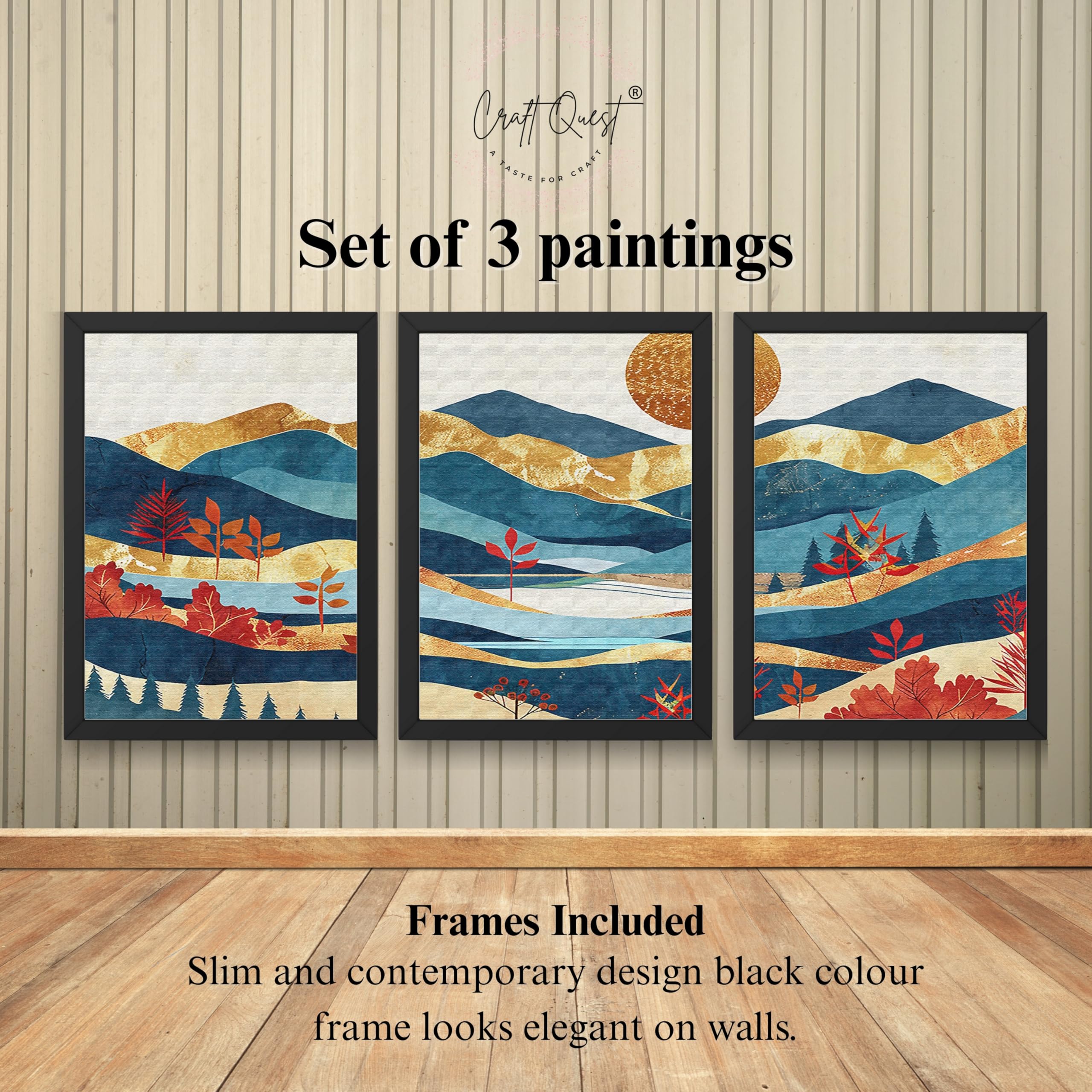 CRAFT QUEST Modern Art Pictures With Mountains & Trees Wall Art | Set of 3 Frames for Home Decoration | Ideal for Living Room, Bedroom & Offices