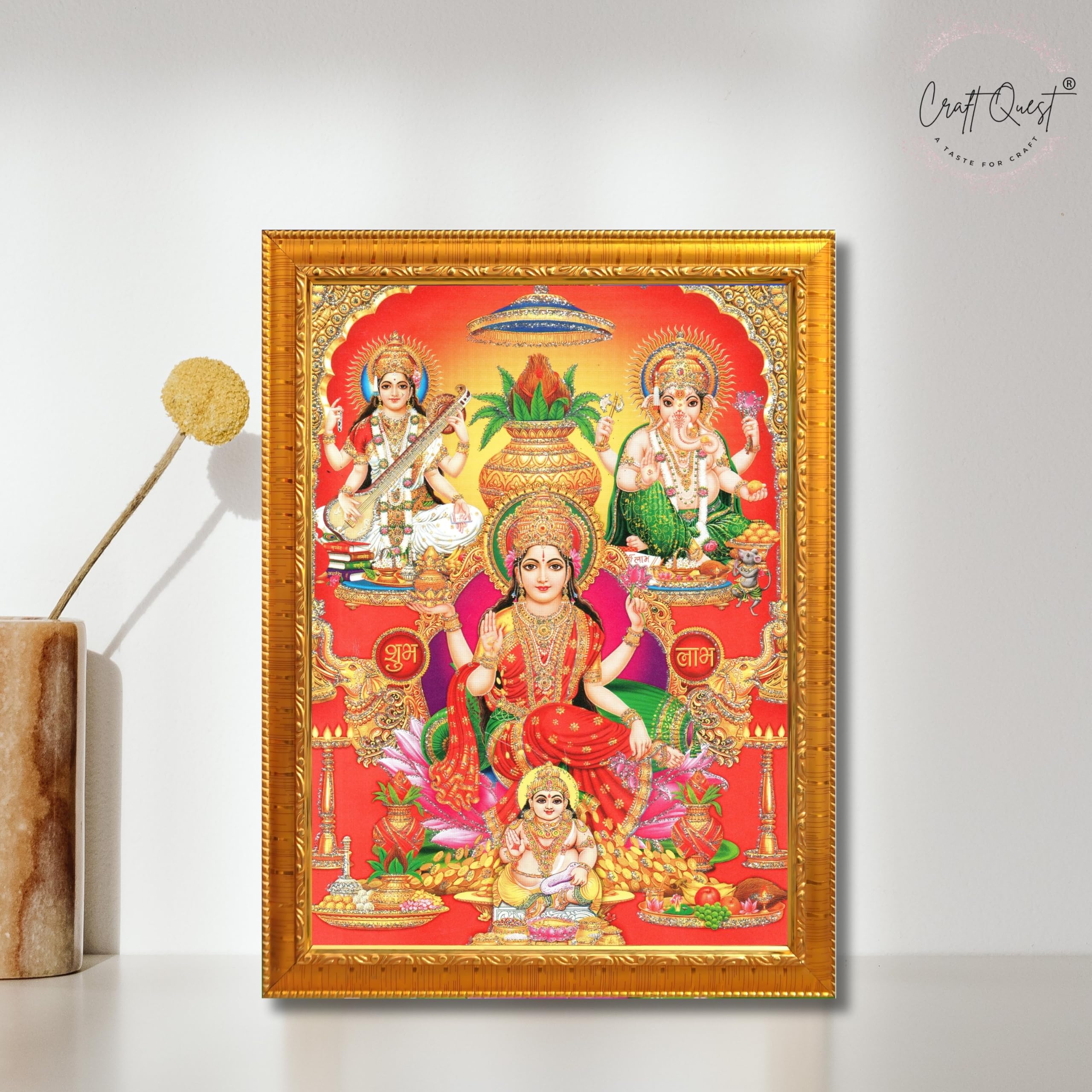 CRAFT QUEST Lakshmi Devi Ganesha Saraswati Ganesh Hanging Wall Painting Framed Home Decor Hindu Bhagwan Devi Devta Photo Frame